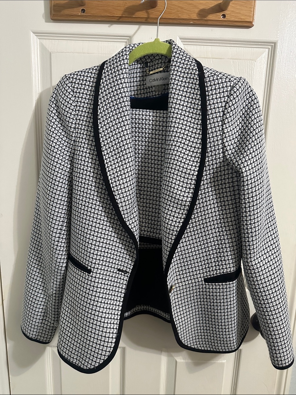 Calvin Klein Black and White Checked Tweed Blazer